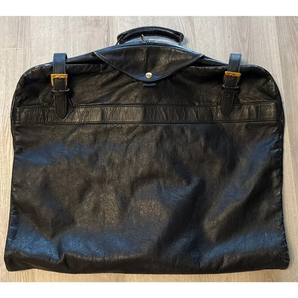 Vintage Black Leather Garment Bag Japanese Foldable Buckles 38” Long